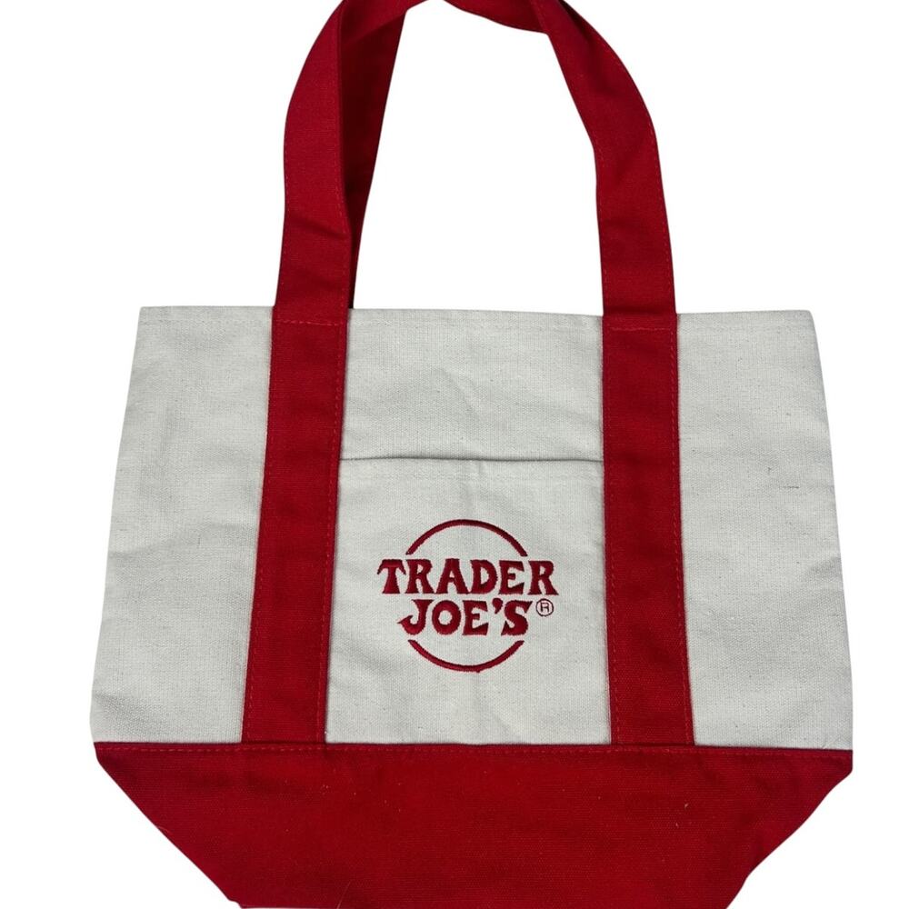 Trader Joes Red Trim Logo Embroidered Tote Bag - Picture 3 of 5